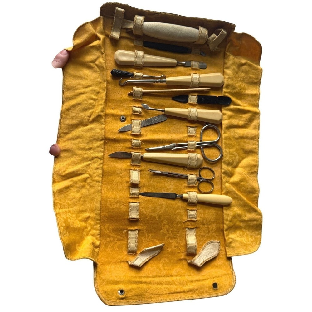 Antique Victorian Manicure Grooming Set Roll Case Celluloid Solingen 1900s - Picture 4 of 7
